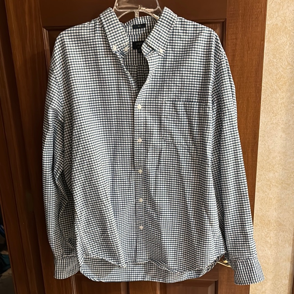 J Crew Men's Blue and White Checkered Shirt, Size XL